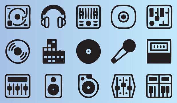 Collection of modern music and audio production icons for dj sound mixing