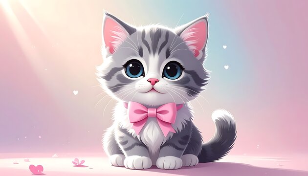 Animated kitten with big blue eyes and pink bow tie sits against pastel backdrop