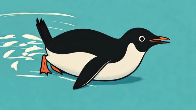 Animated flat illustration of a stylized black-and-white penguin sliding belly-first across a teal surface with motion streaks, playful expression and dynamic speed