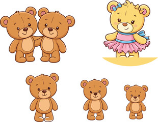 Obraz premium Cute Teddy Bear Cartoon Character Collection Featuring Friends, Ballerina Bear, and Adorable Plush Toy Illustrations for Kids Design