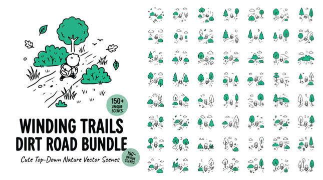 Winding Trails Dirt Road Bundle, 150 Plus Unique Nature Vector Scenes, Cute Top-Down Forest Path Illustrations, Green Hand-Drawn Map Elements