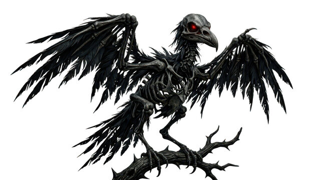 Skeletal crow with glowing red eyes perched on a branch isolated on transparent background