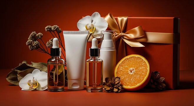 Skincare cosmetic bottles and gift box with orange and flowers on red background