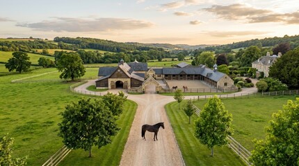 Fototapeta premium Horse standing on gravel driveway near stone stable estate surrounded by rolling green fields at golden hour