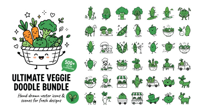 Ultimate veggie doodle bundle, hand-drawn vector icons and scenes, cute green vegetable characters collection, 500 plus fresh food illustrations