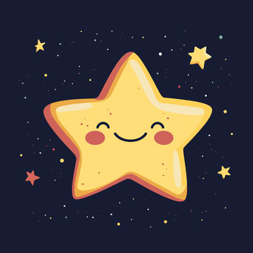 Cute smiling star with rosy cheeks surrounded by smaller stars against dark sky