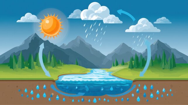 An educational infographic shows the water cycle sun evaporation clouds rain river and underground flow connected by arrows.