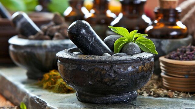 Close-up of mortar and pestles with herbs, essential oils and plants, for natural medicine