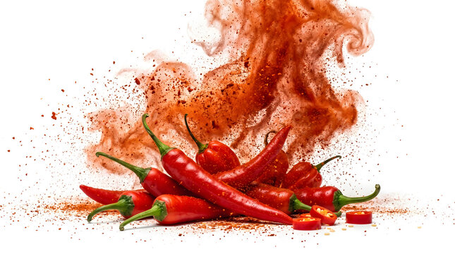 Spicy red chili peppers, fiery powder explosion, hot sauce ingredients, culinary spices