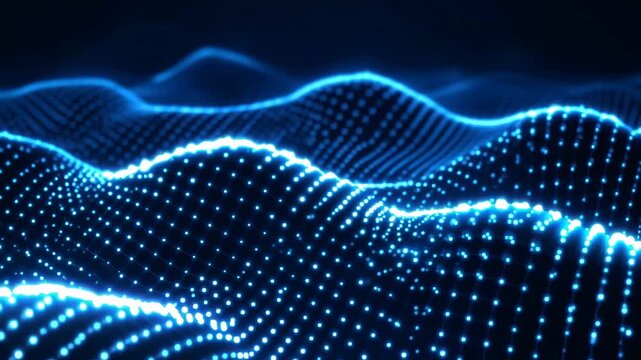 Abstract glowing blue particle wave field forming a three-dimensional lattice of luminous dots and undulating digital surfaces, evoking data streams and signal flow