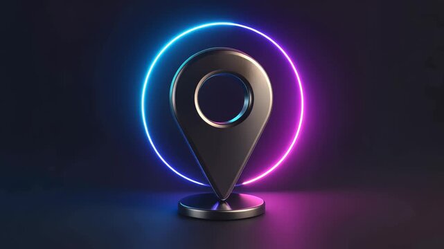 Futuristic metallic map pin illuminated by neon pink and cyan circular ring on a dark pedestal, a 3D geolocation marker glowing with reflections and tech aesthetic