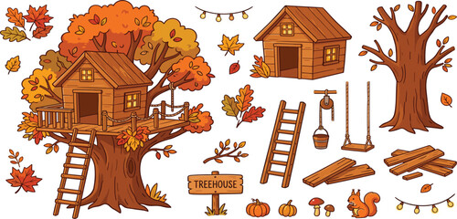 Cute Cartoon Autumn Treehouse Vector Set Featuring Wooden Cabin Construction Elements Ladders Swing Squirrel Pumpkins and Colorful Fallen Fall Leaves for Kid Illustrations © Ruma