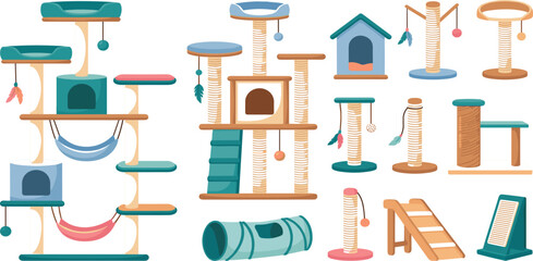 Cute Cartoon Cat Tree and Scratching Post Vector Set Featuring Multi Level Pet Furniture Hammocks Play Tunnels and Toys for Kitty Designs © Ruma