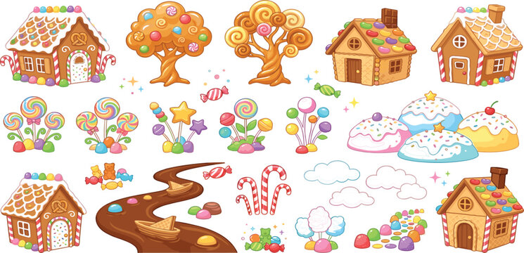Cute Cartoon Candyland Vector Set Featuring Whimsical Gingerbread Houses Candy Trees Lollipop Bushes Chocolate River and Sweet Gumdrop Paths for Kids Illustration