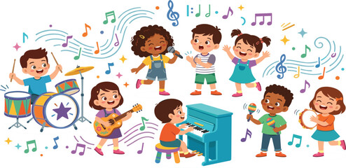 Cute Cartoon Kids Playing Musical Instruments and Singing Vector Illustration Featuring Happy Children Band with Drums Guitar Piano and Maracas Elements © Ruma