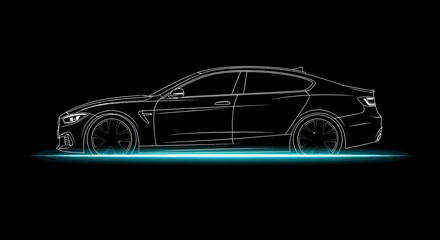 Naklejka premium Modern sport car silhouette against black background with neon accents