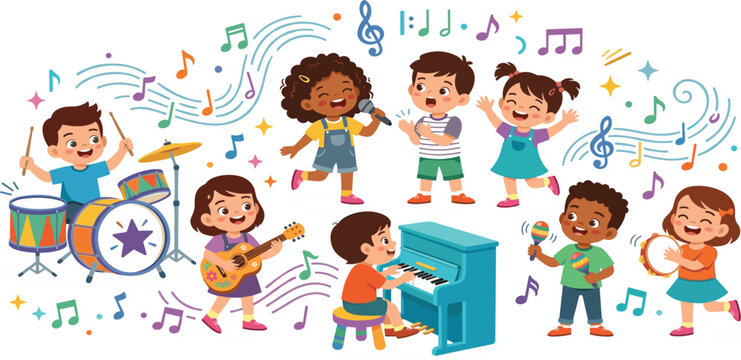 Cute Cartoon Kids Playing Musical Instruments and Singing Vector Illustration Featuring Happy Children Band with Drums Guitar Piano and Maracas Elements