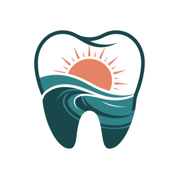 Dental logo design with a stylized tooth, sunrise, and ocean waves