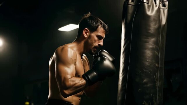 Shirtless muscular boxer fiercely training on a heavy bag in a dimly lit gym, wearing boxing gloves and sweat, demonstrating focused intensity, power and discipline.