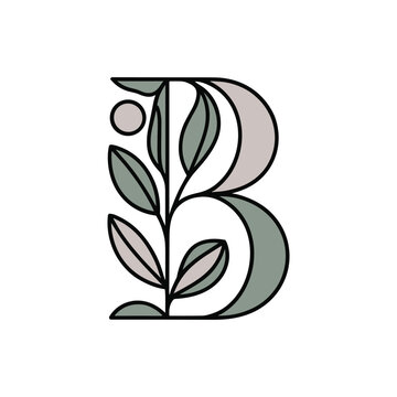 Letter b logo design with botanical leaf elements