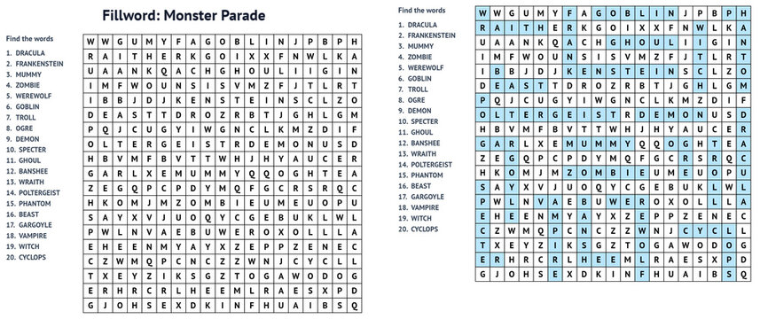 Halloween monster word search puzzle on black background