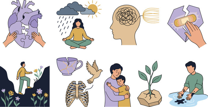 Emotional Healing and Mental Wellness Illustration Set with Trauma Recovery, Self Care, Compassion, Inner Peace, and Personal Growth Concepts