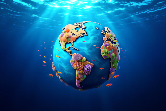 Colorful underwater earth globe with coral and fish illustration