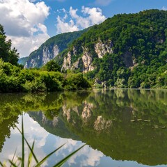 Obraz premium serene lake surrounded by green mountains.