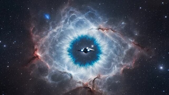 Futuristic spaceship navigates through a vibrant cosmic nebula resembling an eye.