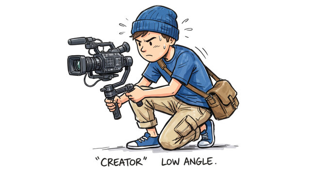 Cartoon illustration of a creator filming with a camera in low angle