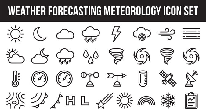 Weather forecasting and meteorology line icon set featuring climate symbols for digital interface and mobile application design