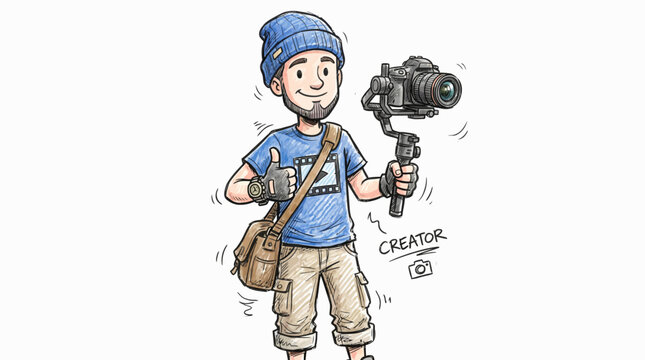 Cartoon illustration of smiling young man holding camera equipment