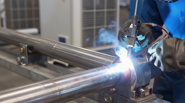 Welding Metal Pipes with Sparks and Glowing Arc