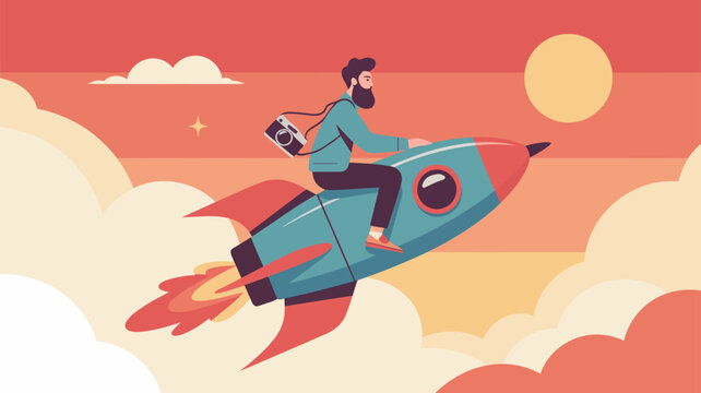 Man riding rocket with camera at sunset Vector, illustration