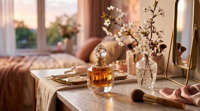 Perfume bottle and makeup brushes arranged on vanity table in cozy bedroom near window at sunset