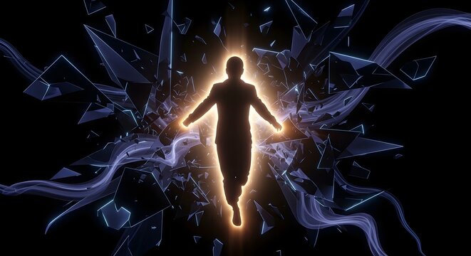 A person made of liquid tex emerges from a shattered glass wall