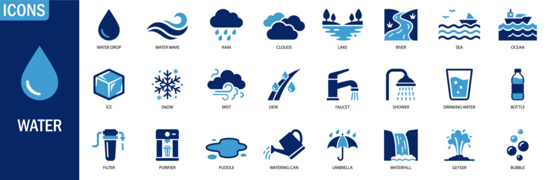 Water icon set. solid icons vector illustration. icons collection water drop, water wave, rain, lake, and sea.