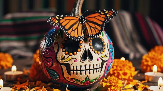 Day of the Dead Decoration with Calavera, Monarch Butterfly, Candles, and Marigolds on Wooden Table