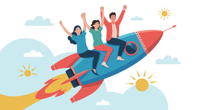 Three people riding a rocket into the sky Vector, illustration