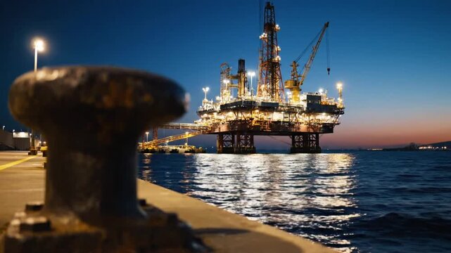 Evening view of an illuminated oil platform at sea from a harbor bollard with reflections of lights