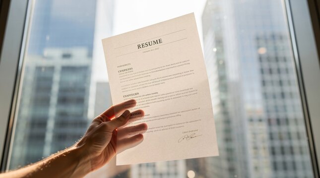 Hand holding a resume document with city skyline background