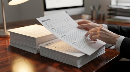 Fototapeta premium Hands review stack of resumes on office desk