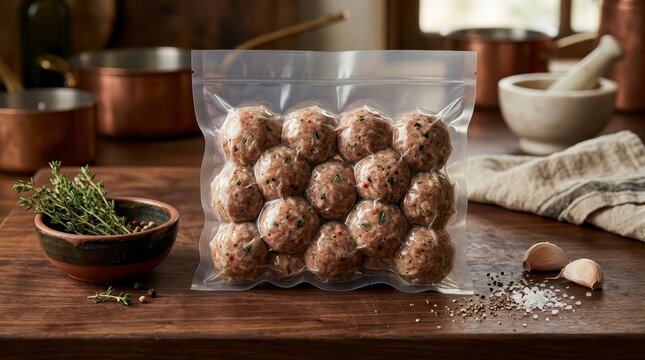 Raw Meatballs in Vacuum Pack with Herbs and Spices on Wooden Table