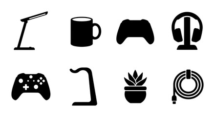 8 Silhouette Icons for Desk Setup and Gaming Accessories, Flat Style, for Home Office and Entertainment © Sathi