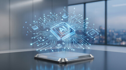 Fototapeta premium Holographic AI microchip above open palm with glowing circuits, symbolizing artificial intelligence innovation