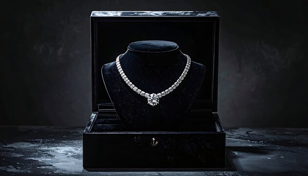 Diamond necklace elegantly displayed in a black box on a dark surface, suggesting luxury and sophistication