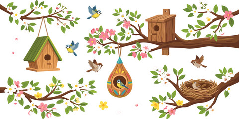 Spring Birdhouse and Nest Vector Collection Featuring Cute Birds Flying Near Blooming Tree Branches with Pink Flowers for Seasonal Wall Decals © Ruma
