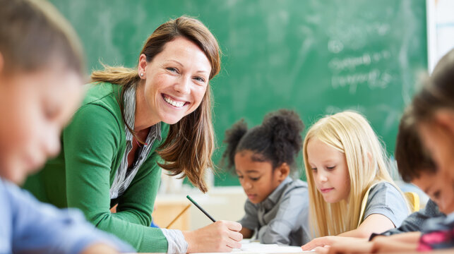 Smiling female educator helps children with classwork in a bright classroom setting