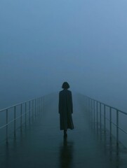 Obraz premium Person walking on a long, empty pier. the pier is made of concrete and has a metal railing on both sides. the person is wearing a long black coat and is walking towards the horizon.
