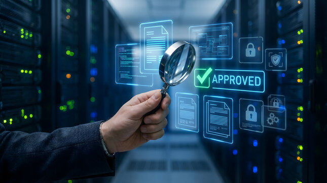 Professional auditing holographic documents with magnifying glass in secure server data center